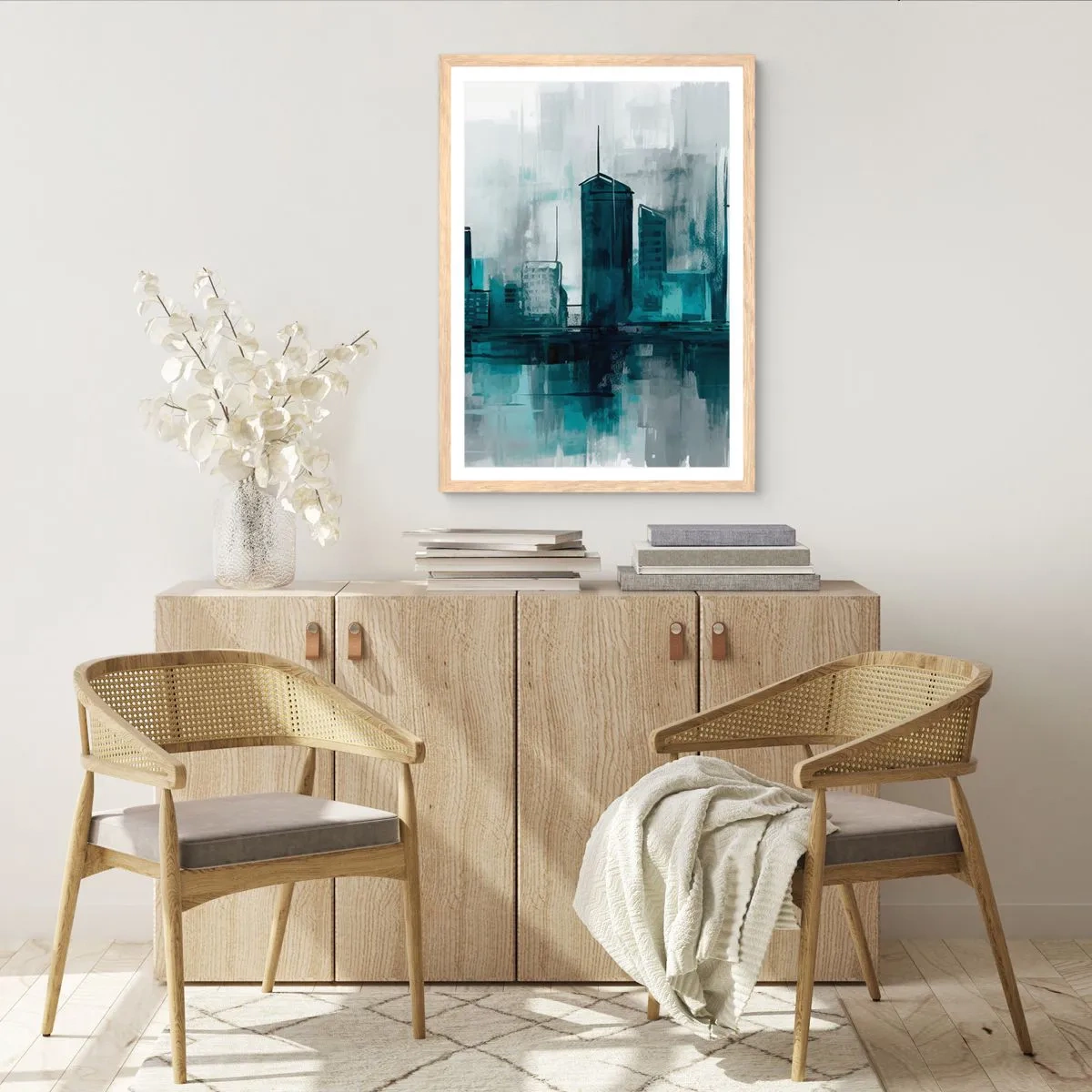 Plakat i ramme af lyst egetræ - Regnfarvet by - 61x91 cm