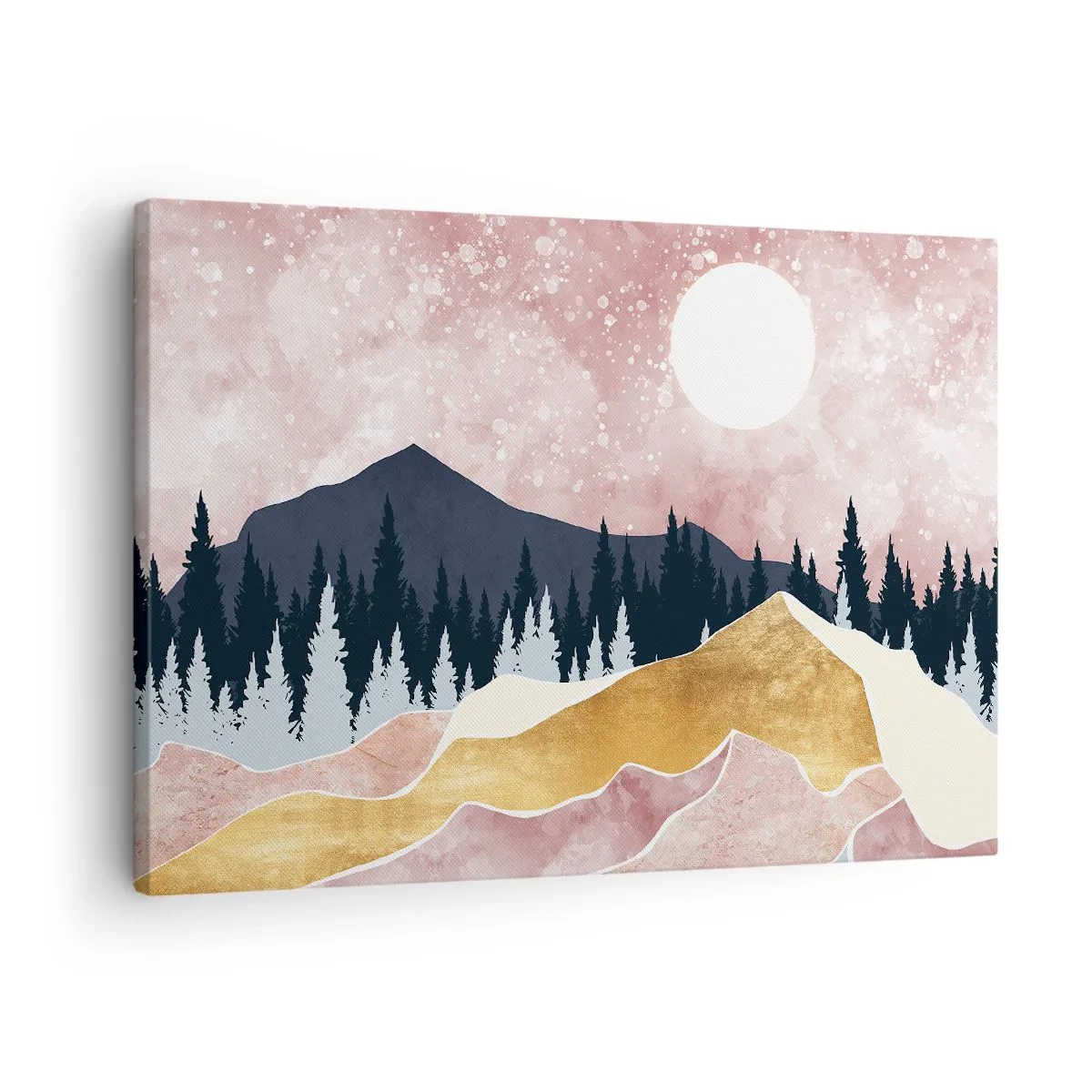 Lærredstryk - Billede på lærred - Farverige bjerge mod en lyserød himmel med en måne - 70x50cm - Nattevagt - Moderne vægdekoration til stue og soveværelse ARTTOR