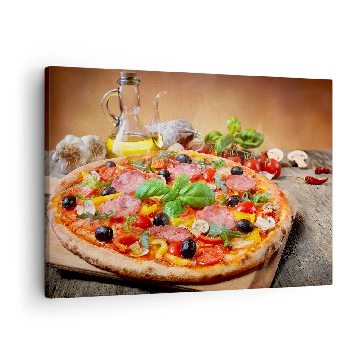Lærredstryk - Billede på lærred - Lækker pizza på et træbord med toppings - 70x50cm - Med en ægte italiensk smag - Moderne vægdekoration til stue og soveværelse ARTTOR