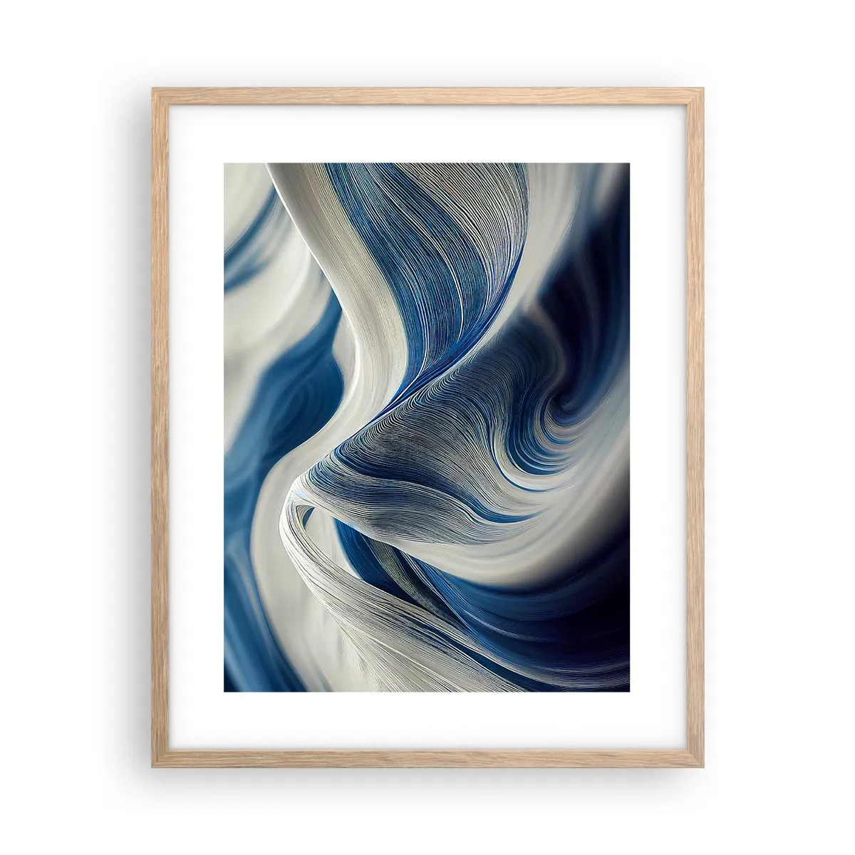Plakat i ramme af lyst egetræ - Flydende blå og hvide farver - 40x50 cm