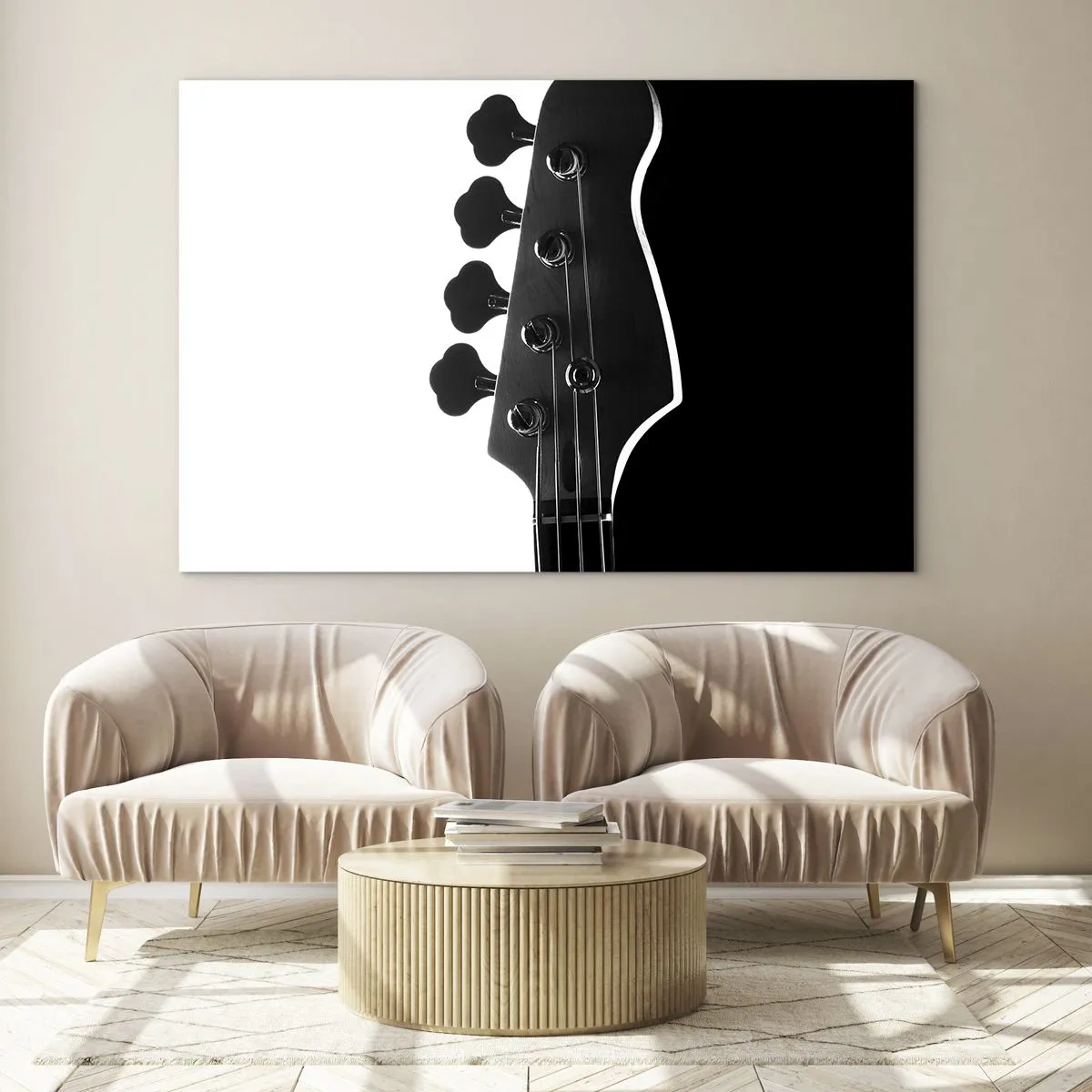Billede på glas - Sort og hvid basguitarhoved med skygge - 70x50cm - Stilhed i klipper - Moderne vægdekoration til stue og soveværelse ARTTOR