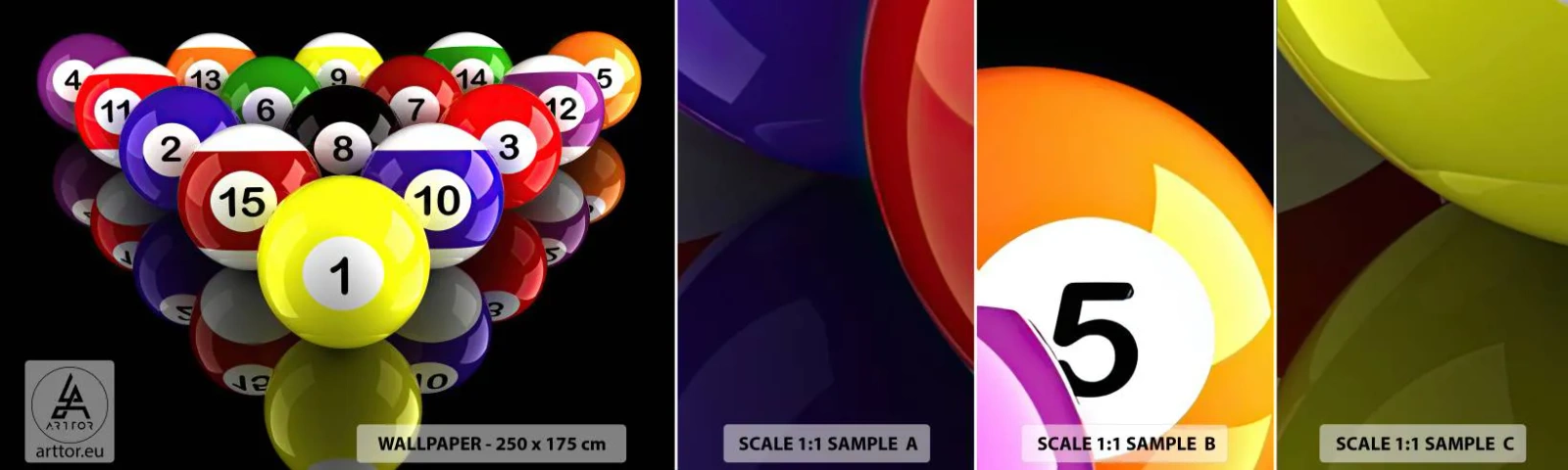 Fototapet Prøve Standard Eco - Forskellige farver af leg - Sport, Billard, Billardbolde - 100x30 cm