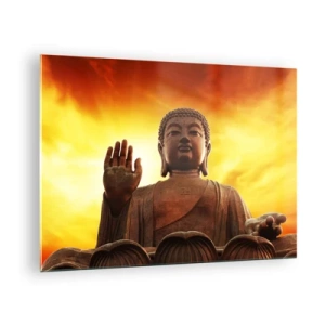 Billede på glas - En Buddha-statue mod en gylden solnedgangs baggrund - 70x50cm - Fred i verden - Moderne vægdekoration til stue og soveværelse ARTTOR