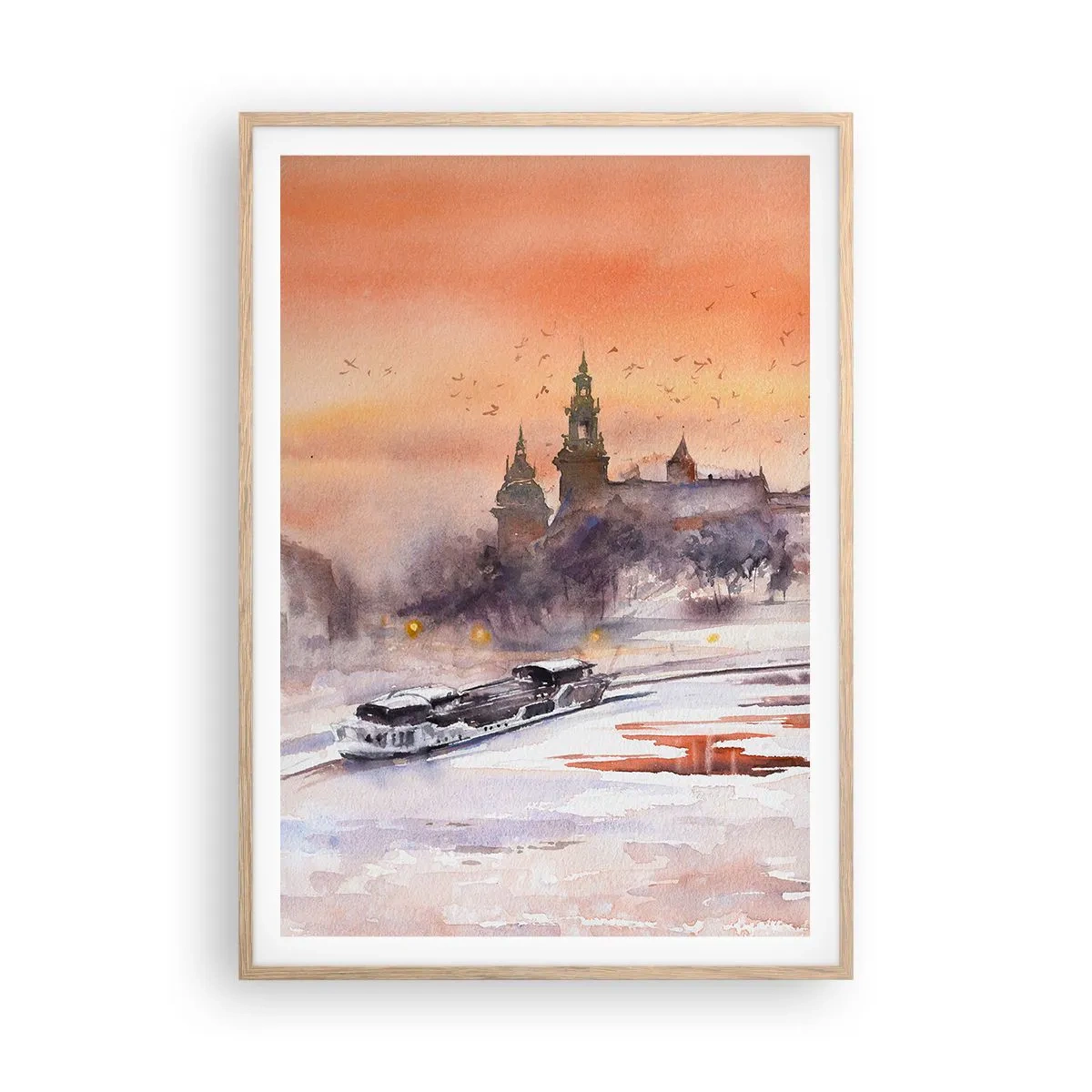 Plakat i ramme af lyst egetræ - Kongelig solnedgang - 70x100 cm