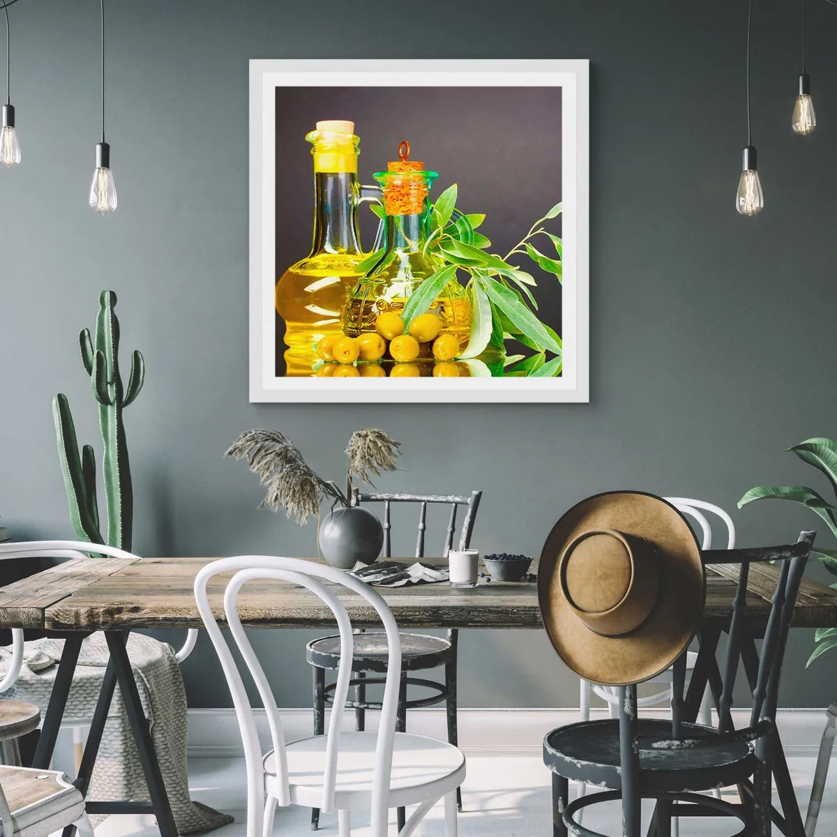 Plakat i hvid ramme - Stilleben med oliven og olie - 60x60 cm