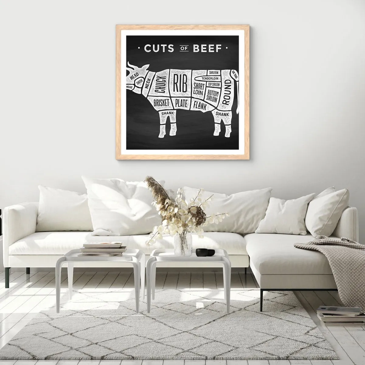 Plakat i ramme af lyst egetræ - Slagterens grundbog - 50x50 cm