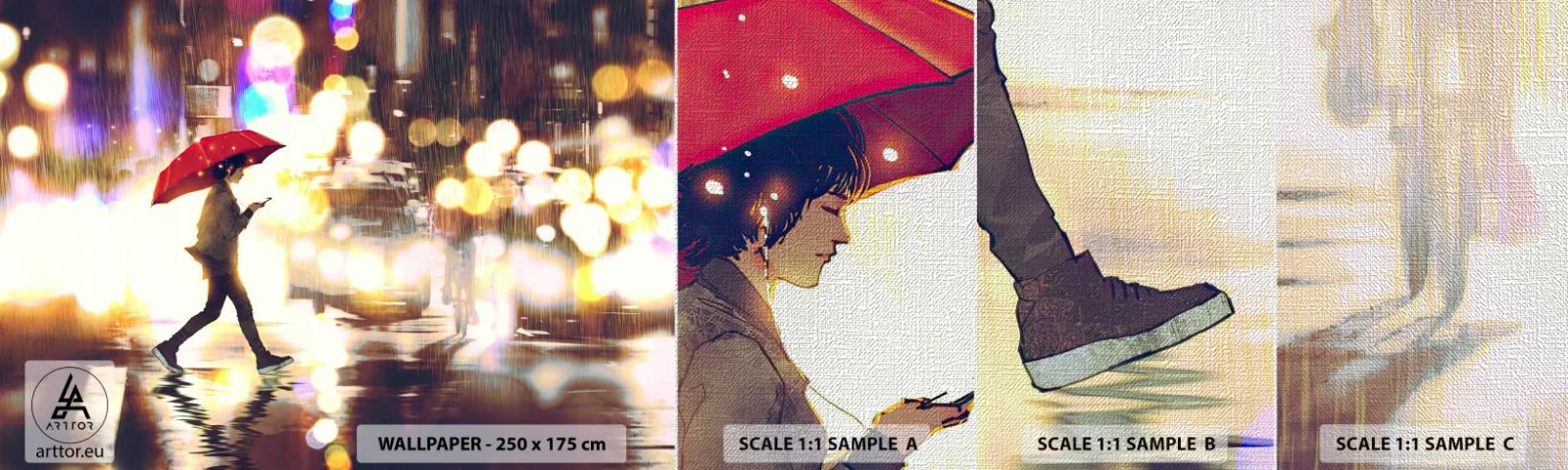 Prøve Fototapet Premium Canvas - Alligevel solrigt - By, Gå i regnen, Paraply - 100x30 cm