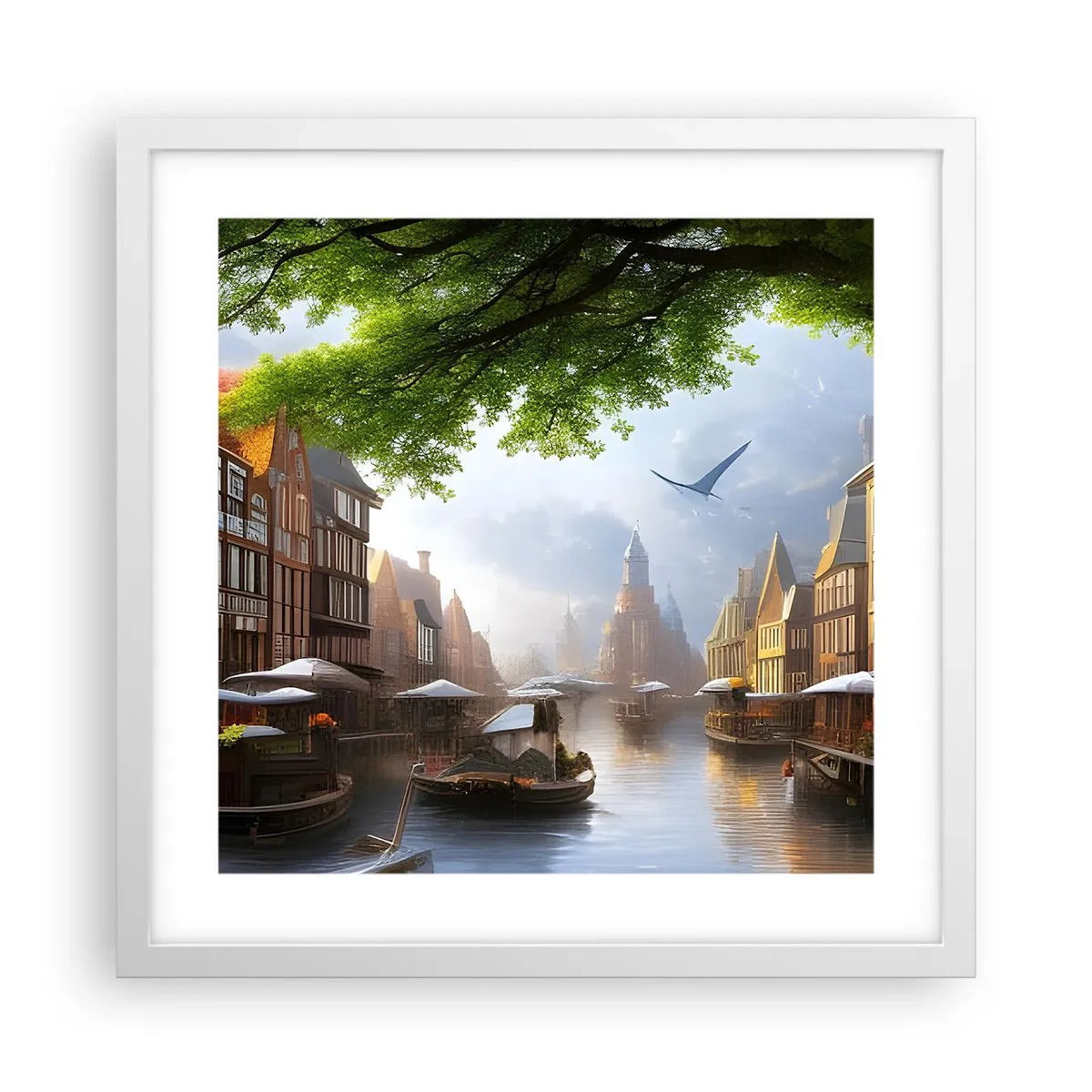 Plakat i hvid ramme - Hollandsk bybillede - 40x40 cm