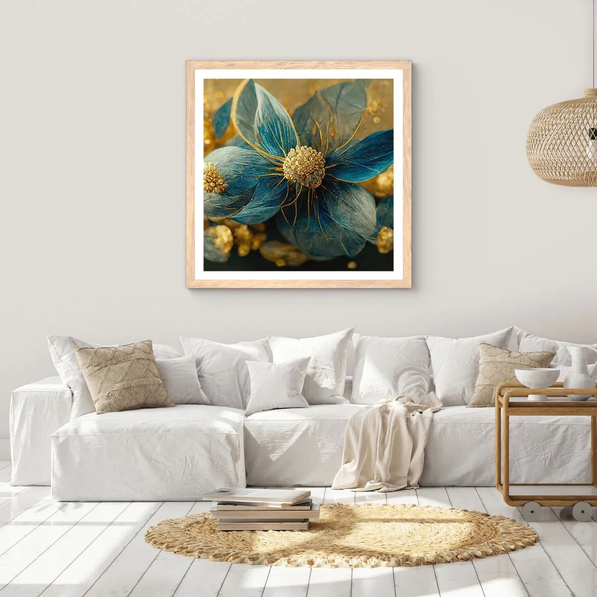 Plakat i ramme af lyst egetræ - Blomstre med guld - 60x60 cm