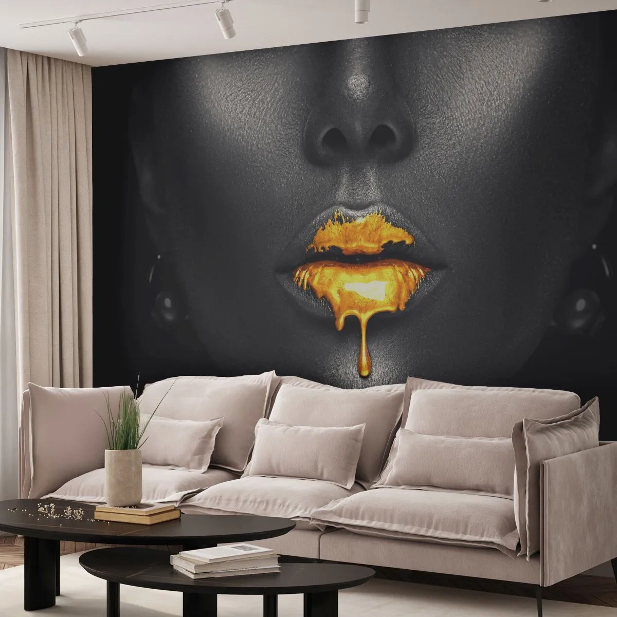 Fototapet Premium Canvas - Gyldenmund - Abstraktion, Kvindens Mund, Kvindens ansigt - 250x175 cm