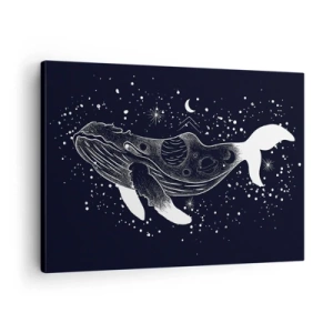 Lærredstryk - Billede på lærred - En grafisk illustration af en hval i rumalderstil. - 70x50cm - I universets ocean - Moderne vægdekoration til stue og soveværelse ARTTOR