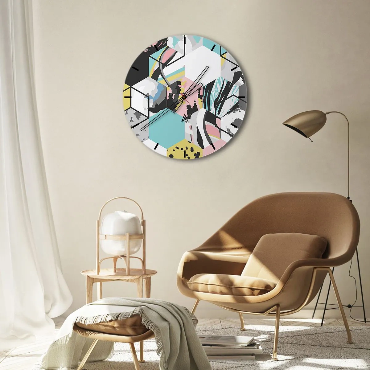 Vægur, Uret - Sekskanter og terninger i seks farver - 40x40 cm