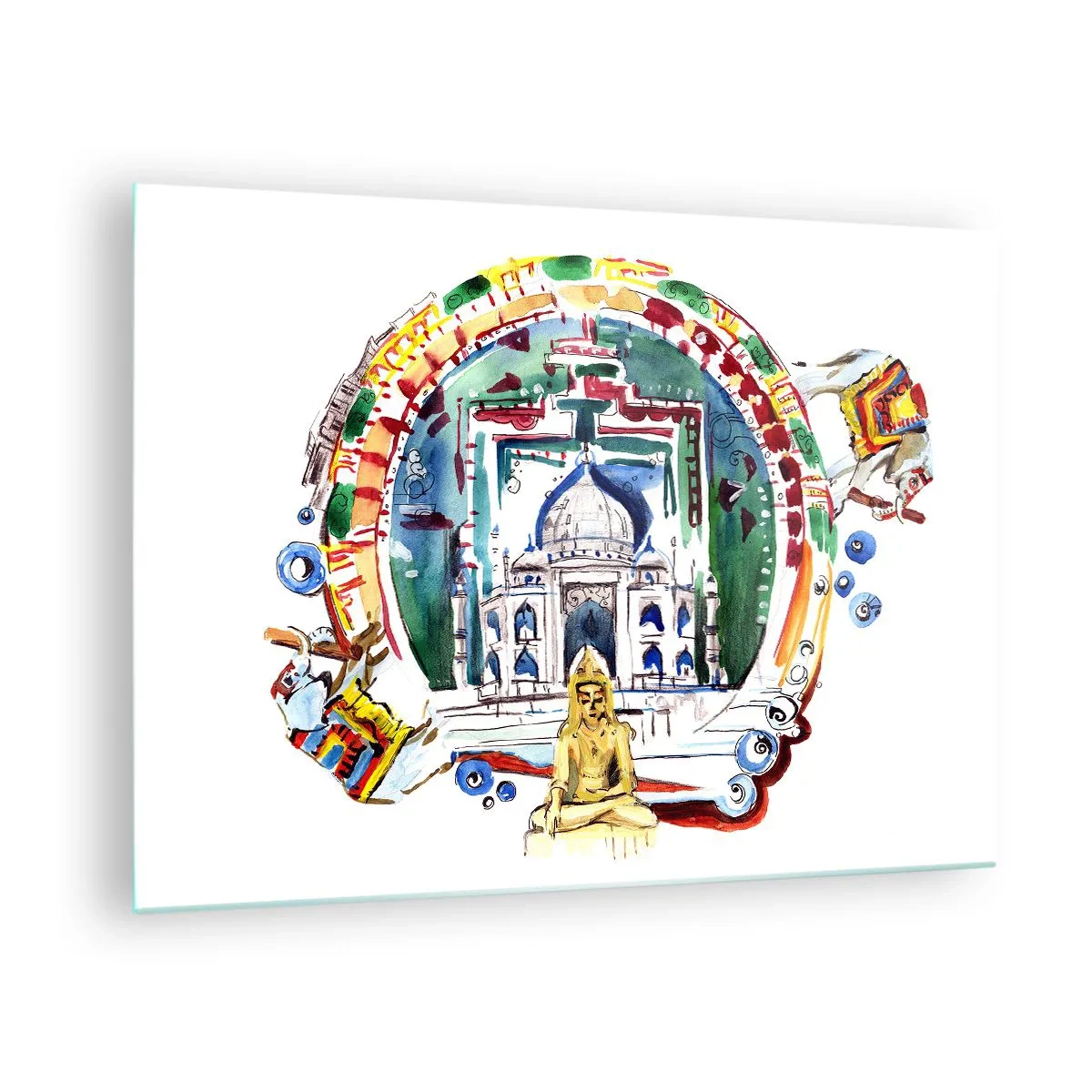 Billede på glas - Farverig illustration af indiske vartegn i akvarelstil - 70x50cm - Hinduisk balance i verden - Moderne vægdekoration til stue og soveværelse ARTTOR