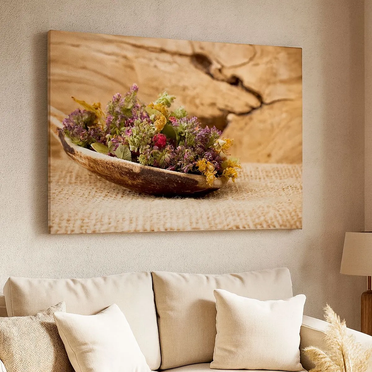 Lærredstryk - Billede på lærred - Tørrede urter i en træske på en naturlig træbaggrund - 70x50cm - Farverige blomster og velduftende urter - Moderne vægdekoration til stue og soveværelse ARTTOR