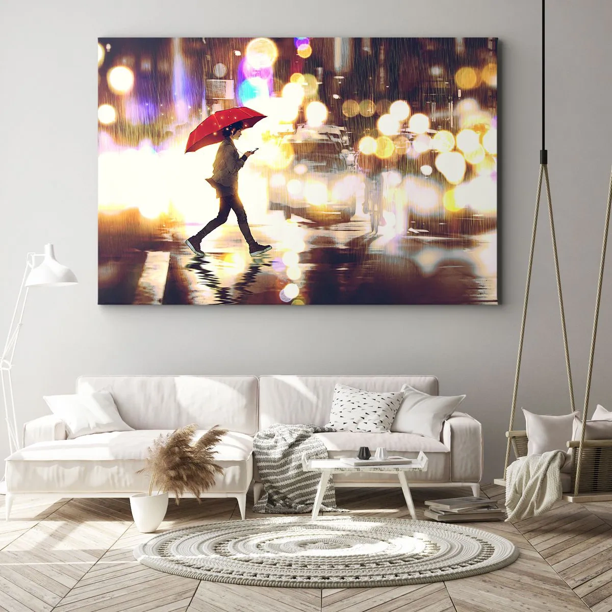 Lærredstryk - Billede på lærred - En figur med en rød paraply på gaden i regnvejr - 70x50cm - Alligevel solrigt - Moderne vægdekoration til stue og soveværelse ARTTOR