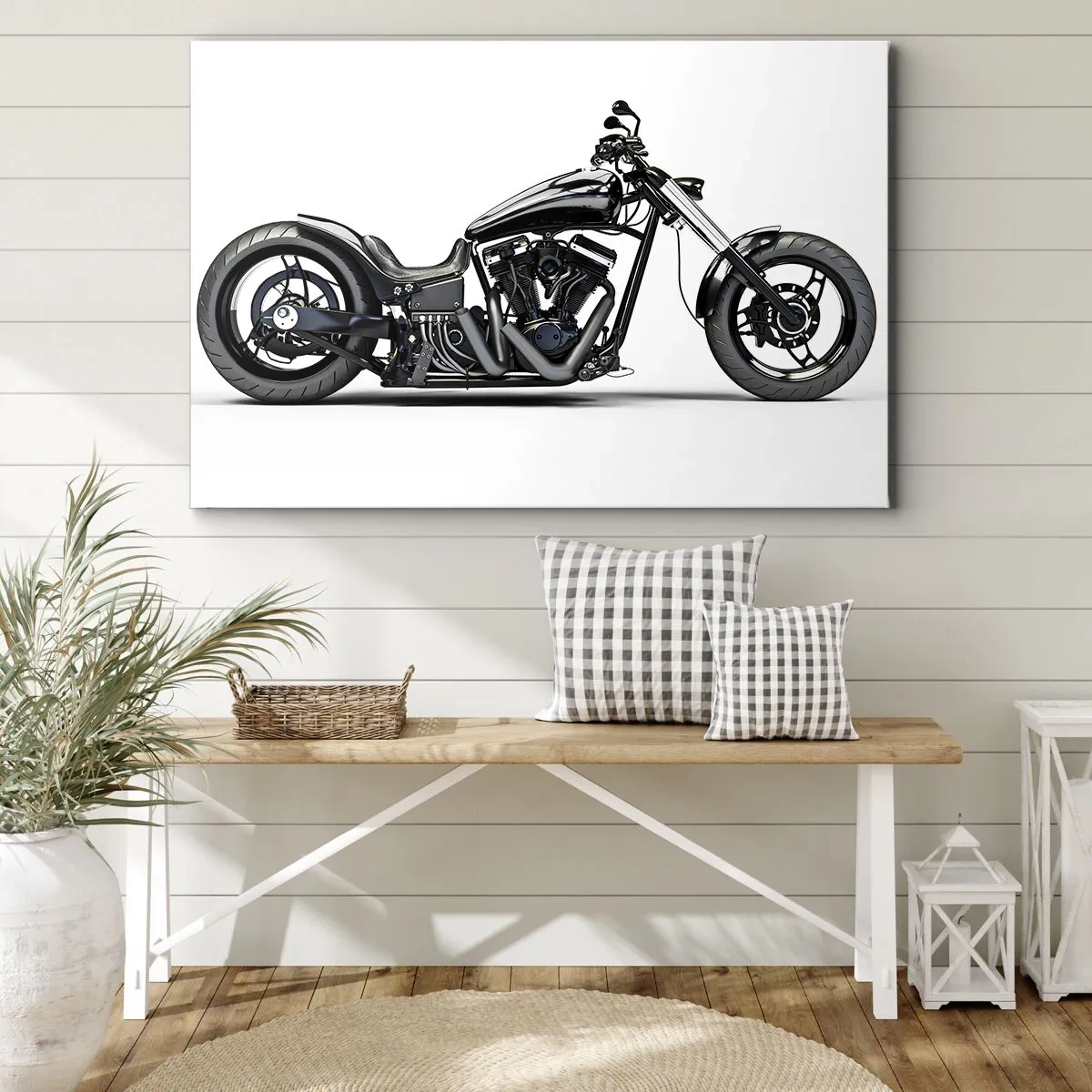 Lærredstryk - Billede på lærred - Stilfuld sort specialmotorcykel på en hvid baggrund - 70x50cm - For frihedselskere - Moderne vægdekoration til stue og soveværelse ARTTOR