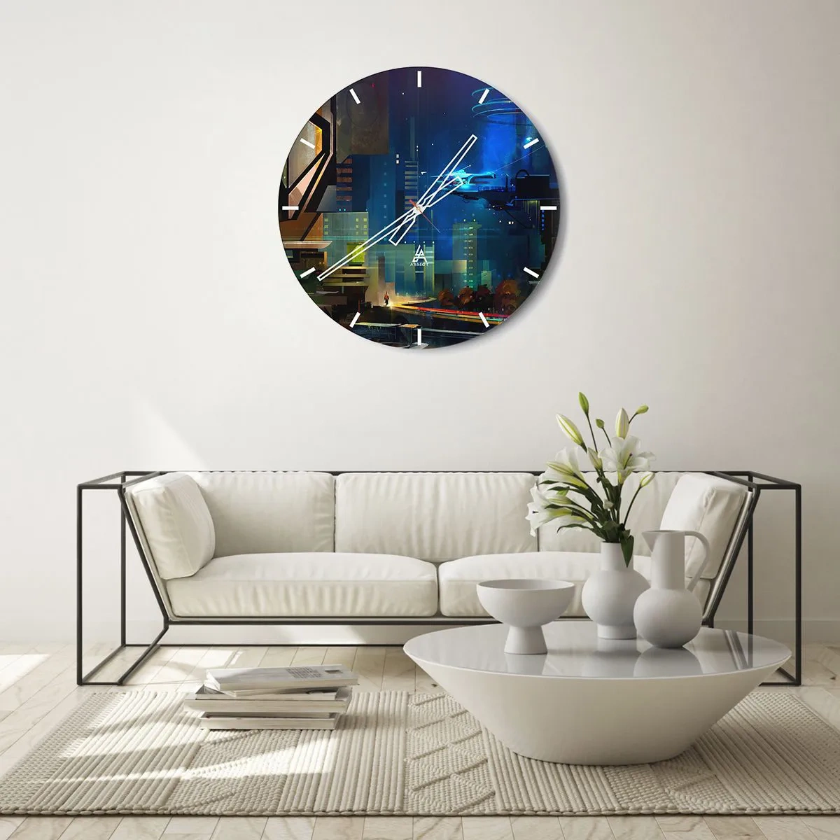Vægur, Uret - Futuristisk by om natten med neonlys og køretøjer - 30x30cm - I den nærmeste fremtid - Moderne vægdekoration til stue, køkken og soveværelse ARTTOR