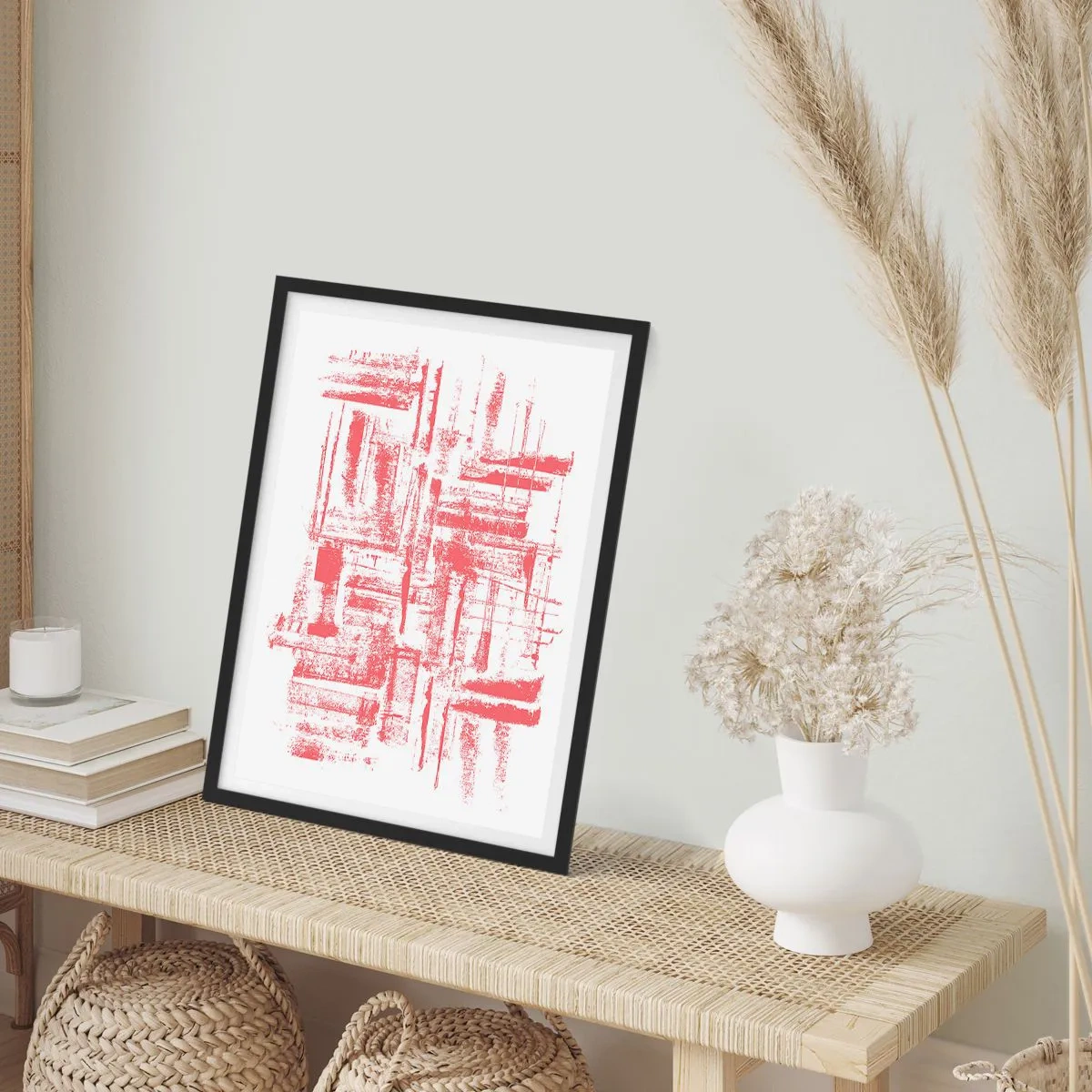 Plakat i sort ramme - Røde geometriske linjer på en hvid baggrund - 50x70cm - Rød by - Moderne vægdekoration til stue og soveværelse ARTTOR