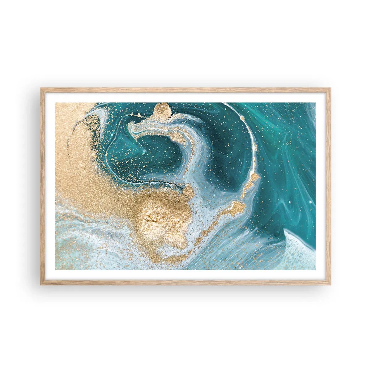 Plakat i ramme af lyst egetræ - En hvirvel af guld og turkis - 91x61 cm