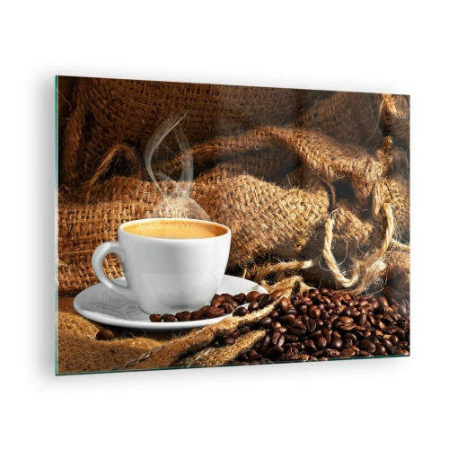 Billede på glas - En kop kaffe med bønner på en jutebaggrund - 70x50cm - Duften af mokka og honningvæskens tæthed - Moderne vægdekoration til stue og soveværelse ARTTOR