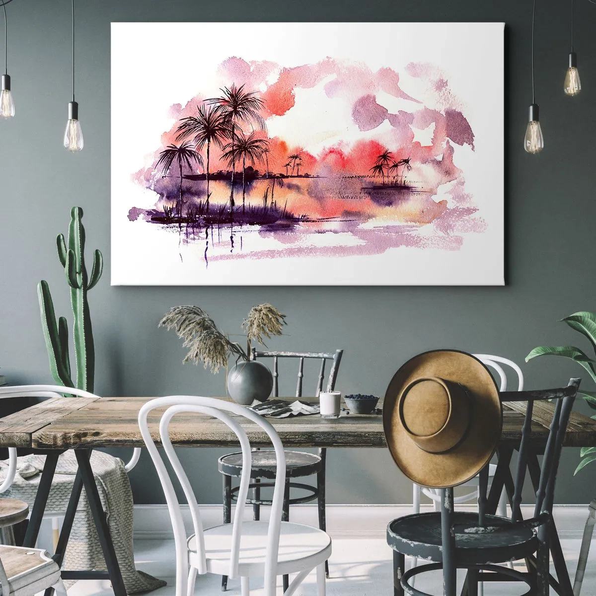 Lærredstryk - Billede på lærred - Tropisk landskab med palmer ved solnedgang i akvarel - 70x50cm - Tropernes ro i rødt - Moderne vægdekoration til stue og soveværelse ARTTOR
