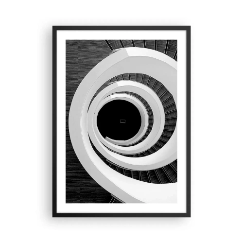 Plakat i sort ramme - En spiraltrappe i sort og hvid med et abstrakt design - 50x70cm - Til sagen - Moderne vægdekoration til stue og soveværelse ARTTOR