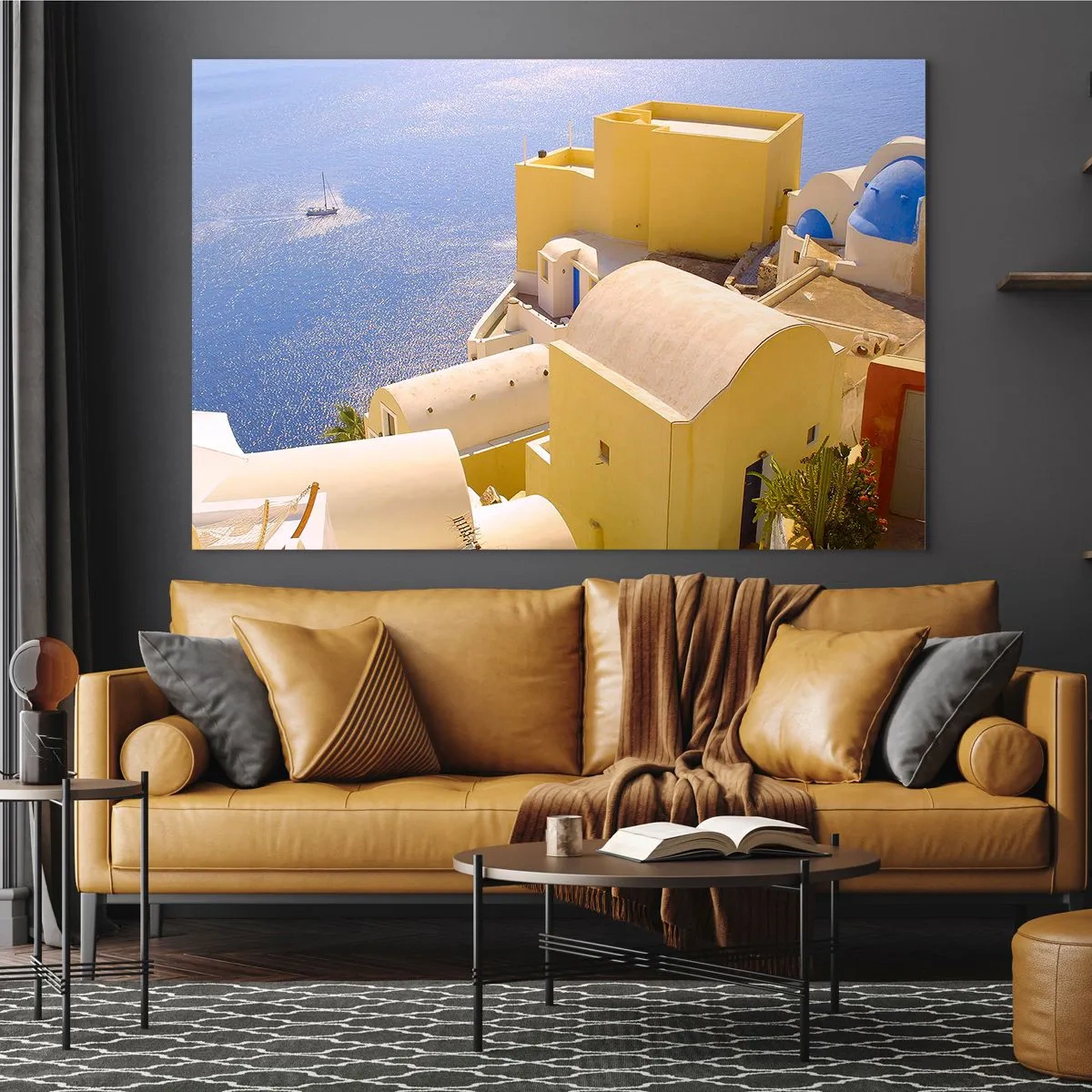 Billede på glas - Udsigt over Santorini med blåt hav og hvide bygninger - 70x50cm - Græsk landskab i hvid og blå - Moderne vægdekoration til stue og soveværelse ARTTOR