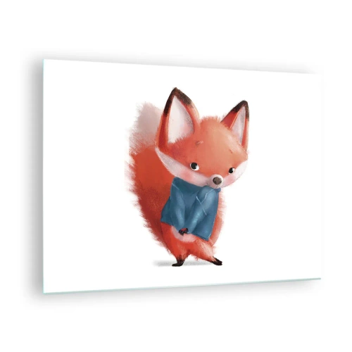 Billede på glas - En sød ræv i en blå sweater på en hvid baggrund - 70x50cm - Ser jeg smuk ud i den her? - Moderne vægdekoration til stue og soveværelse ARTTOR