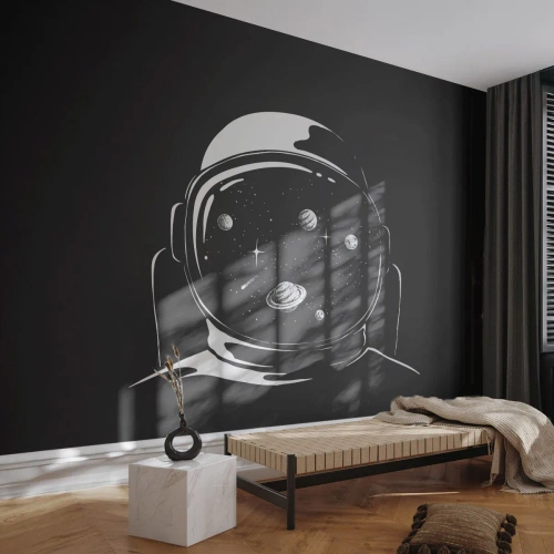 Fototapet Standard Eco - Kosmonaut med planeter i sin hjelm på en sort baggrund - 100x70cm - Flot udsigt - Moderne vægdekoration til stue og soveværelse ARTTOR