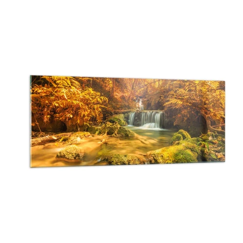 Billede på glas - Skovkaskade i guld - 100x40 cm