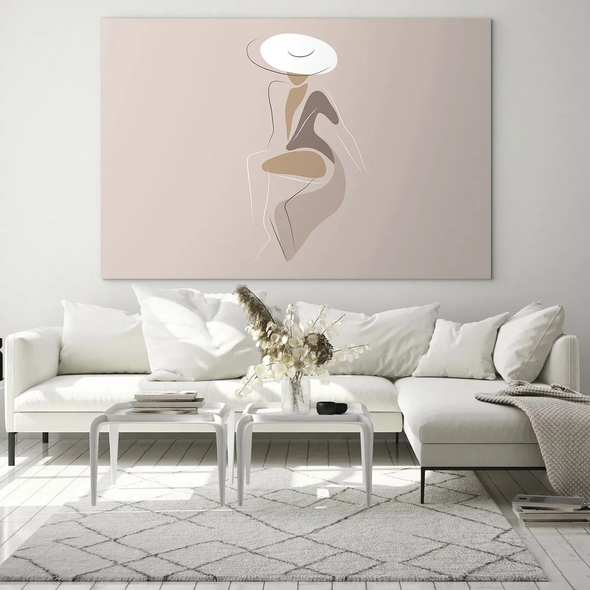 Billede på glas - Silhuet af en kvinde med hat på en beige baggrund - 70x50cm - En dame, der skal være - Moderne vægdekoration til stue og soveværelse ARTTOR