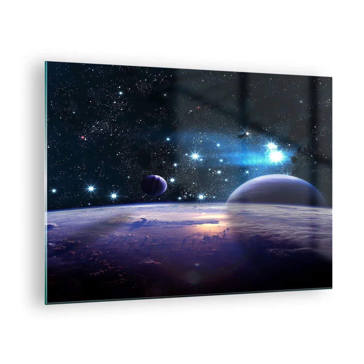 Billede på glas - Et rumlandskab med planeter og stjerner mod en galakse som baggrund. - 70x50cm - Er du stadig alene? - Moderne vægdekoration til stue og soveværelse ARTTOR