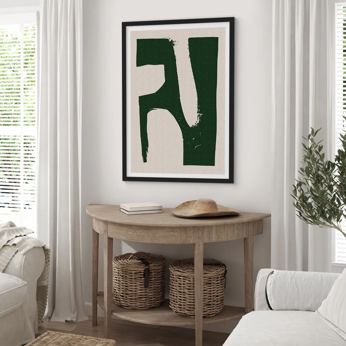 Plakat i sort ramme - Minimalistisk abstraktion i grønt og beige - 50x70cm - Bugter af hvidt - Moderne vægdekoration til stue og soveværelse ARTTOR