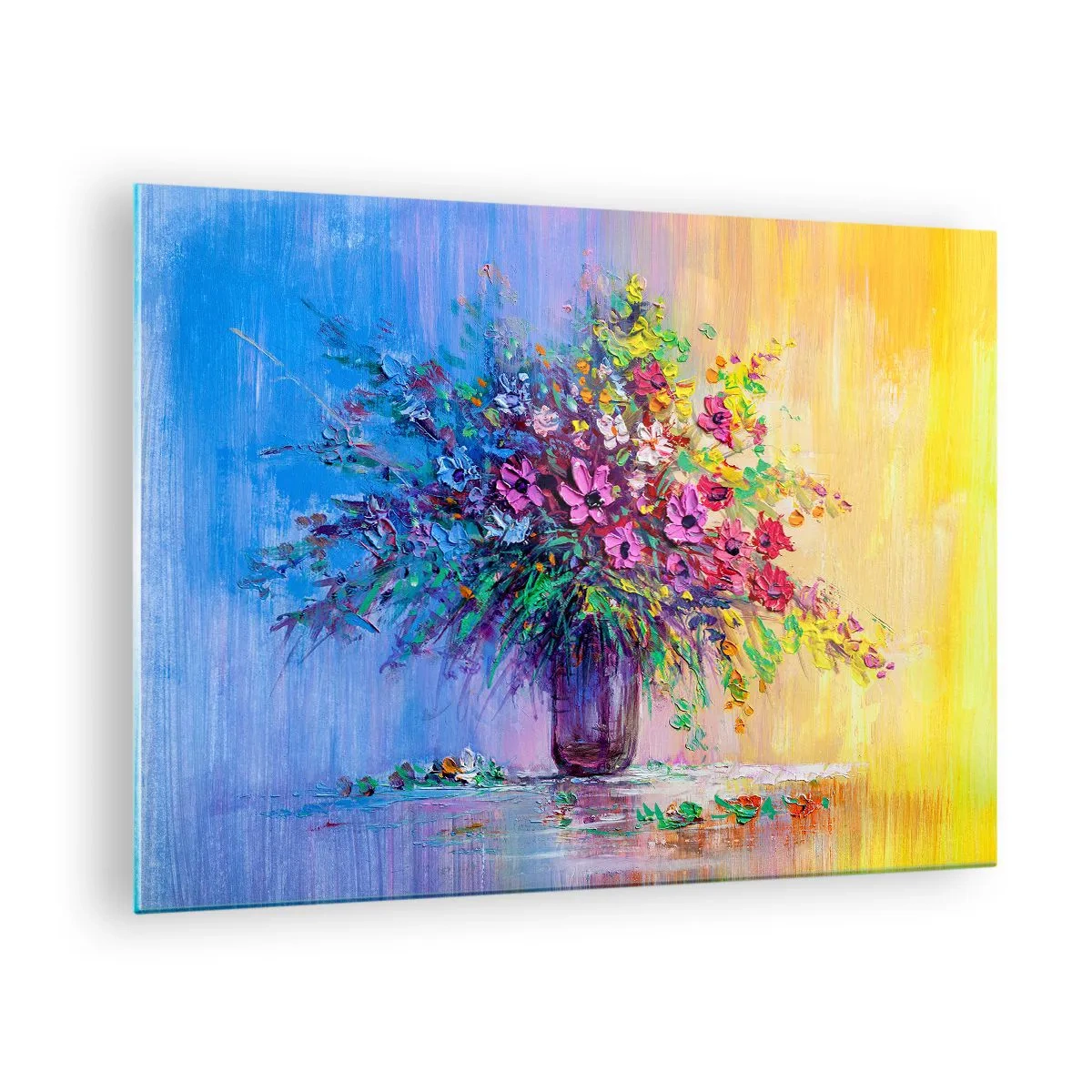 Billede på glas - En farverig buket blomster i en vase på en abstrakt baggrund - 70x50cm - Gave fra en sommereng - Moderne vægdekoration til stue og soveværelse ARTTOR