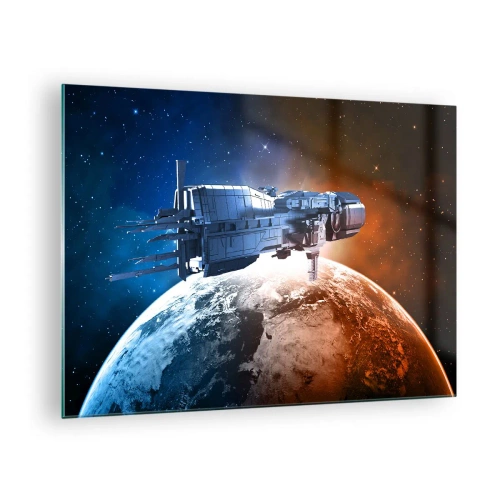 Billede på glas - Et rumskib i kredsløb om en planet i stjernelys - 70x50cm - Forsigtig observatør - Moderne vægdekoration til stue og soveværelse ARTTOR