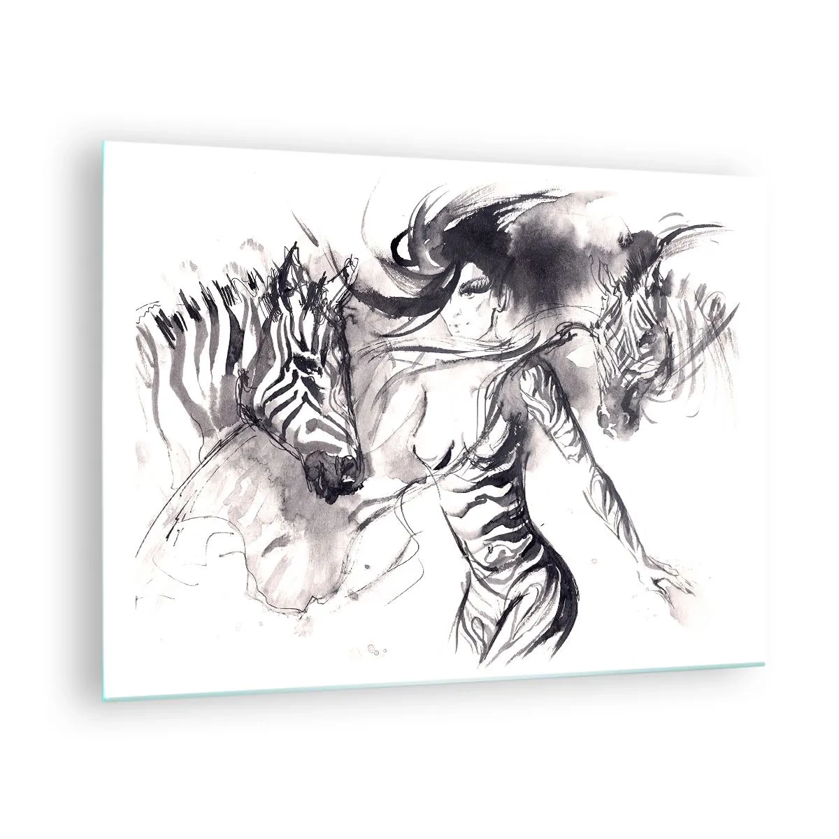 Billede på glas - Sort-hvid komposition med en kvinde og en zebra i kunstnerisk stil - 70x50cm - Danser med zebraer - Moderne vægdekoration til stue og soveværelse ARTTOR