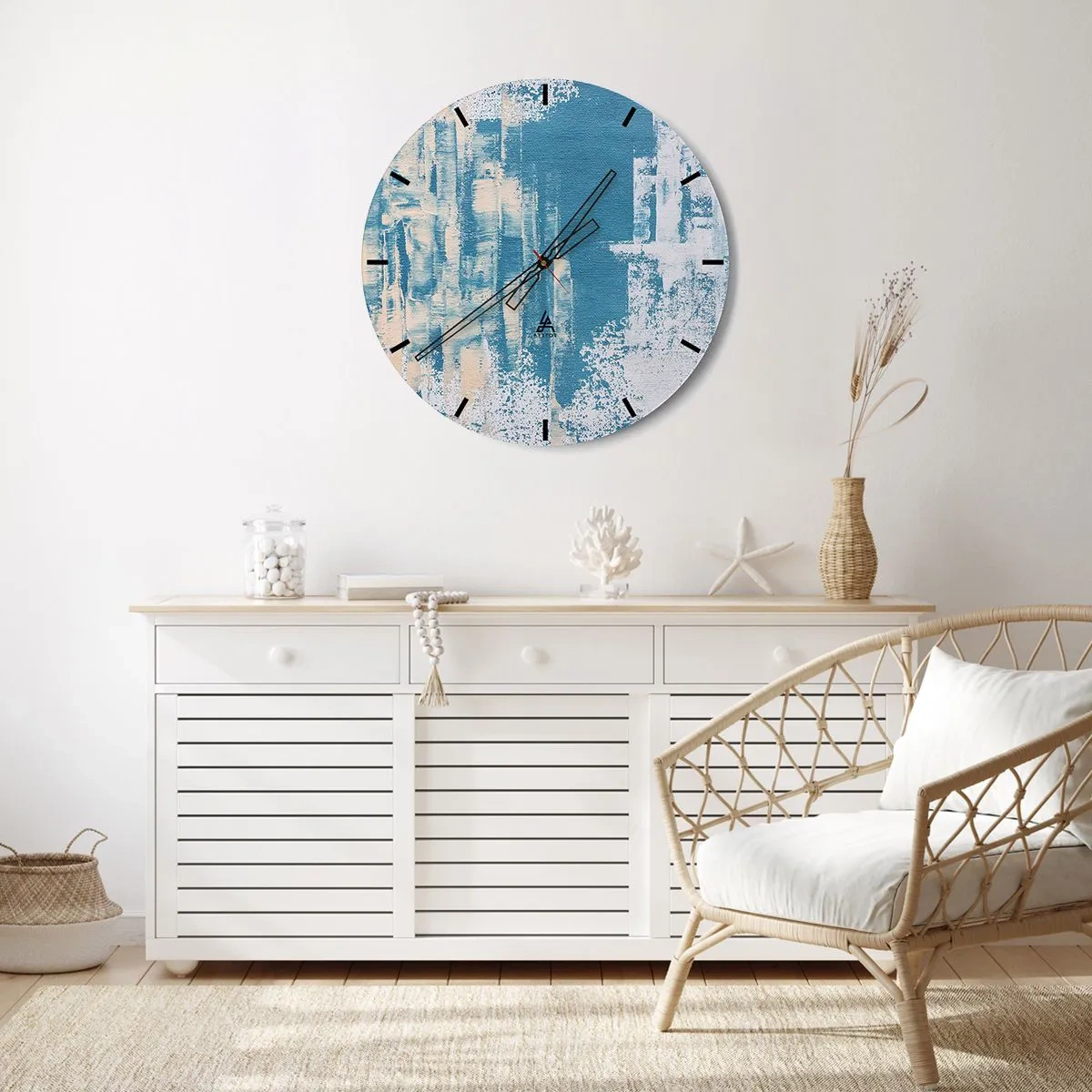 Vægur, Uret - En blå abstraktion, der minder om isens tekstur - 30x30cm - Gennem istappen - Moderne vægdekoration til stue, køkken og soveværelse ARTTOR