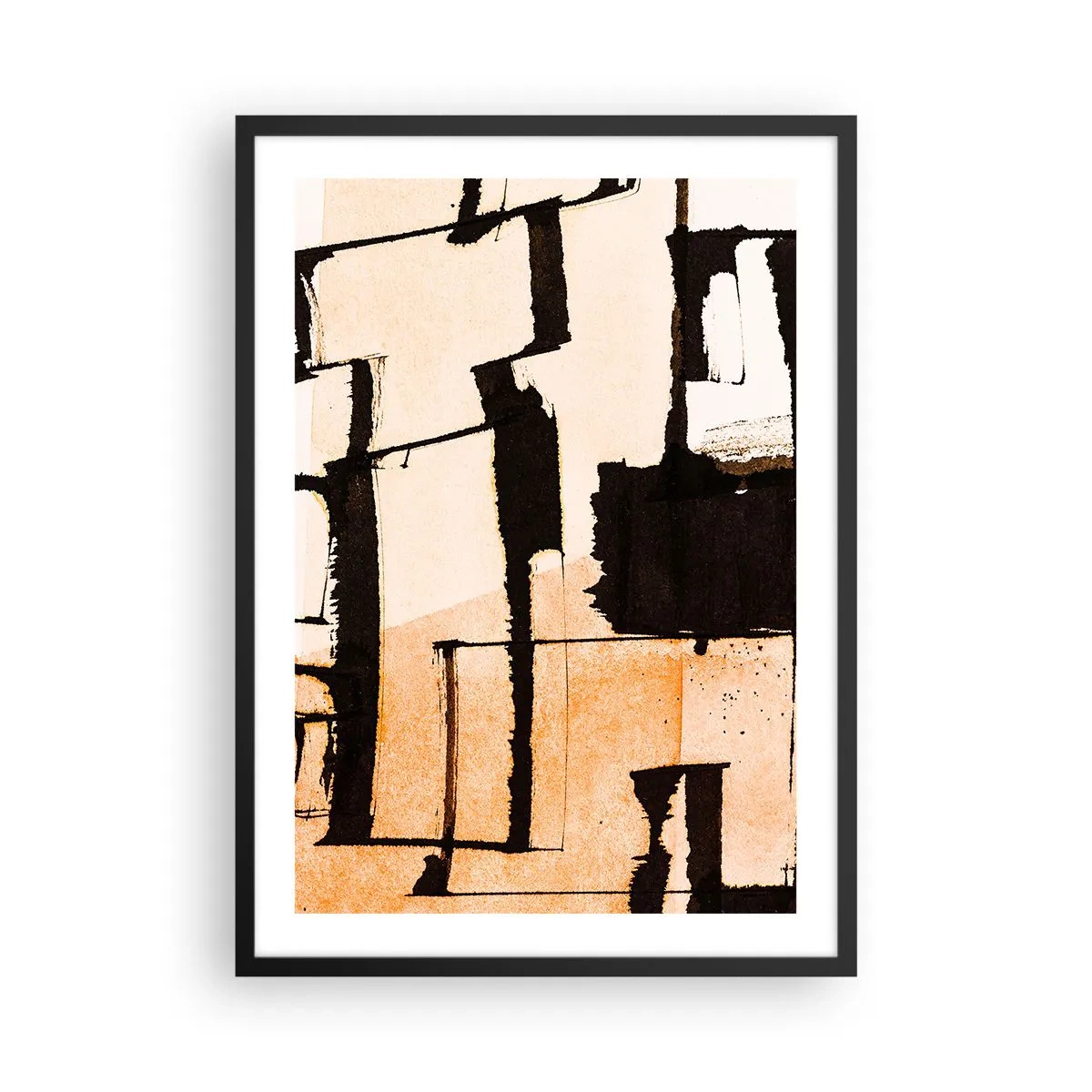 Plakat i sort ramme - En abstrakt komposition af geometriske former i nuancer af beige og sort. - 50x70cm - Og alligevel orden - Moderne vægdekoration til stue og soveværelse ARTTOR