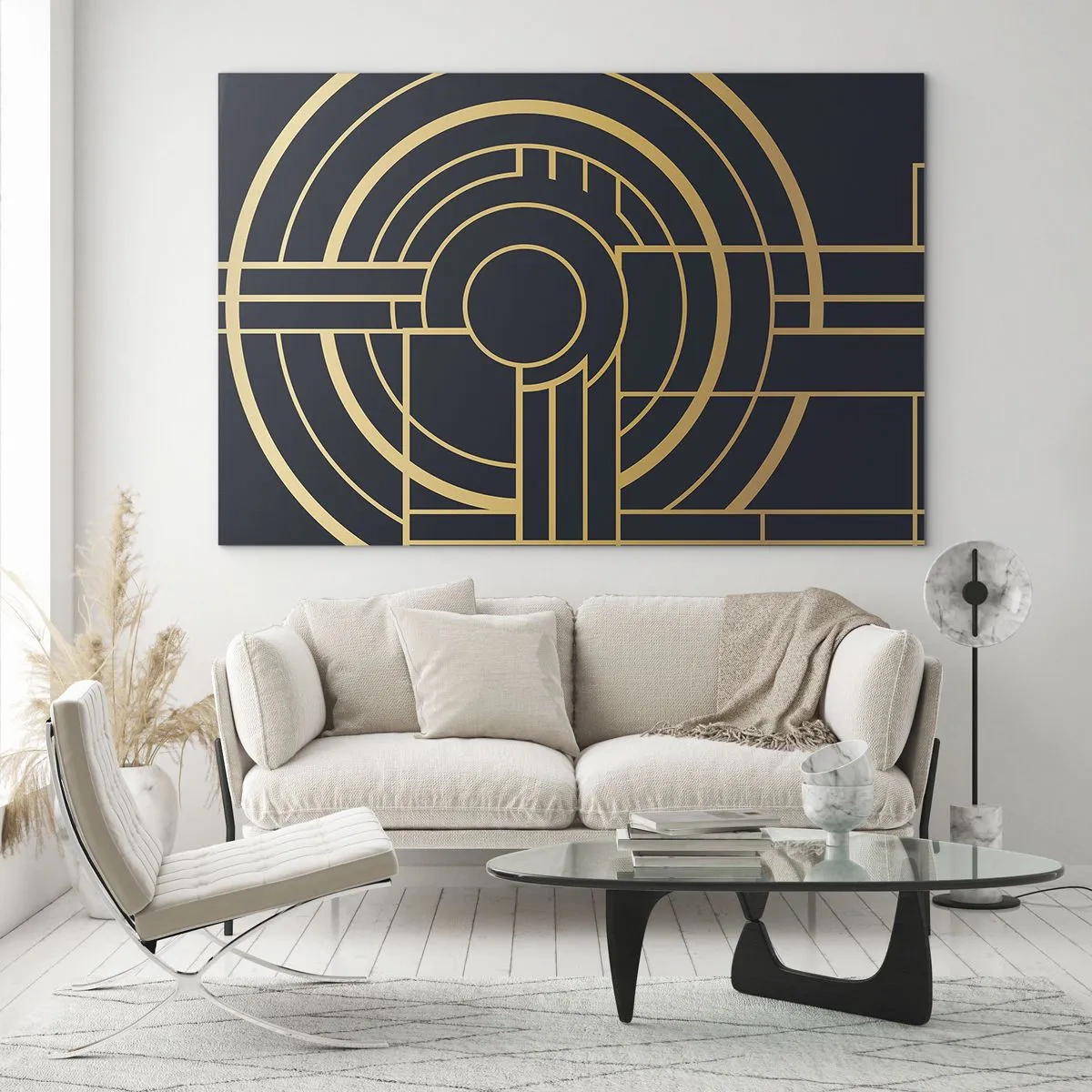 Billede på glas - Guld og sort geometrisk abstraktion i Art Deco-stil - 70x50cm - At vende tingene på hovedet - Moderne vægdekoration til stue og soveværelse ARTTOR