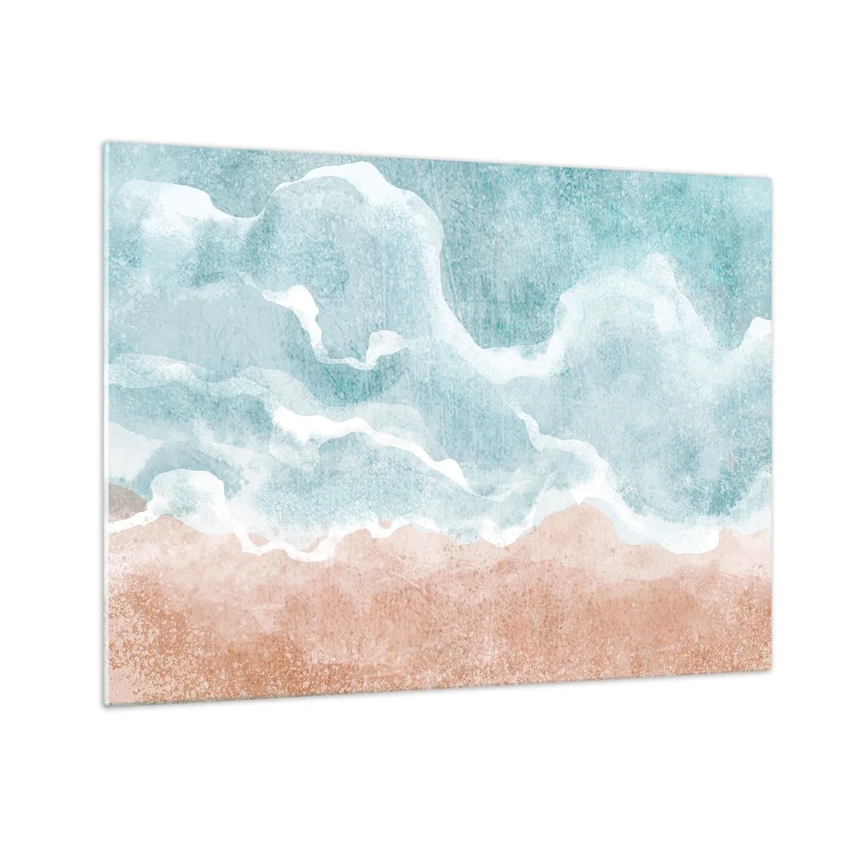 Billede på glas - Pastelbølger i blå og beige farver skaber en uklar abstraktion. - 70x50cm - Abstraktion af skyer - Moderne vægdekoration til stue og soveværelse ARTTOR