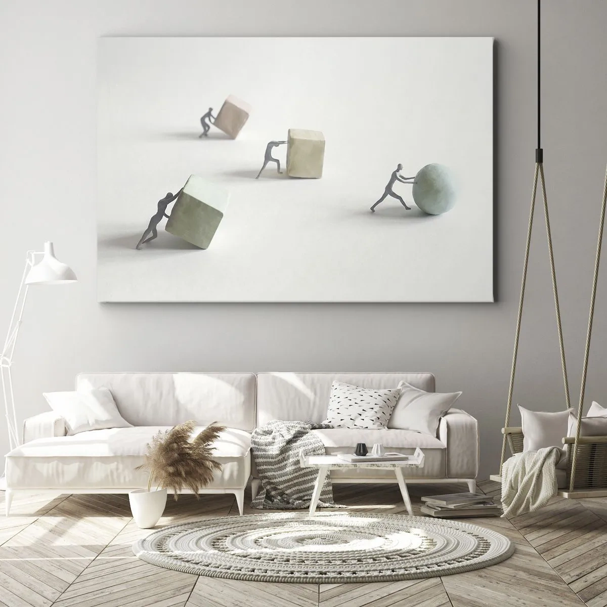 Lærredstryk - Billede på lærred - Miniaturefigurer skubber former mod en lys baggrund - 70x50cm - Selve livet - Moderne vægdekoration til stue og soveværelse ARTTOR