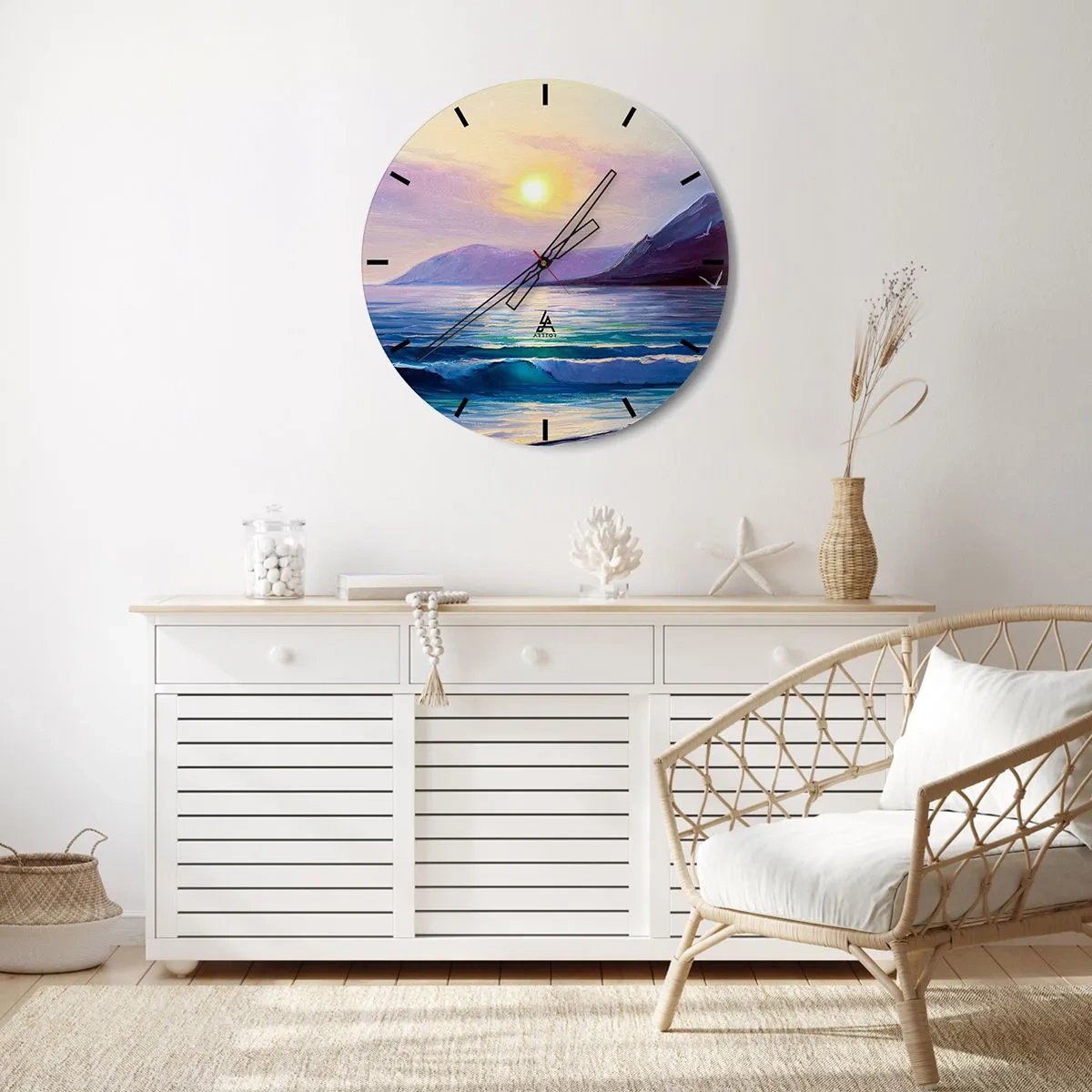 Vægur, Uret - Havlandskab med den nedgående sol - 30x30cm - Vand- og luftkrystal - Moderne vægdekoration til stue, køkken og soveværelse ARTTOR