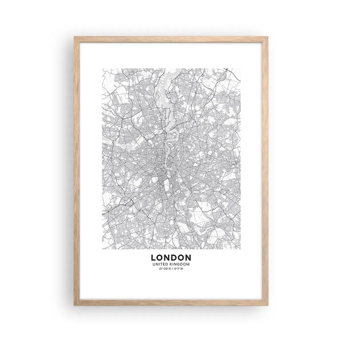 Plakat i ramme af lyst egetræ - Kort over Londons labyrint - 50x70 cm