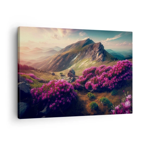 Lærredstryk - Billede på lærred - Bjerglandskab med blomstrende rhododendroner - 70x50cm - Sommer i bjergene - Moderne vægdekoration til stue og soveværelse ARTTOR