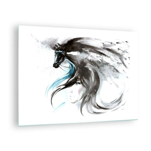 Billede på glas - Portræt af en kvinde og en hest i en kunstnerisk, dynamisk komposition - 70x50cm - Den sorte prins' galop - Moderne vægdekoration til stue og soveværelse ARTTOR