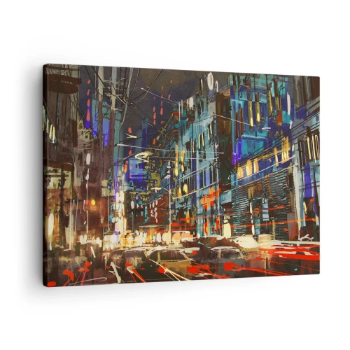 Lærredstryk - Billede på lærred - Byens nattescene med neonlys - 70x50cm - Aftenens travlhed på gaden - Moderne vægdekoration til stue og soveværelse ARTTOR