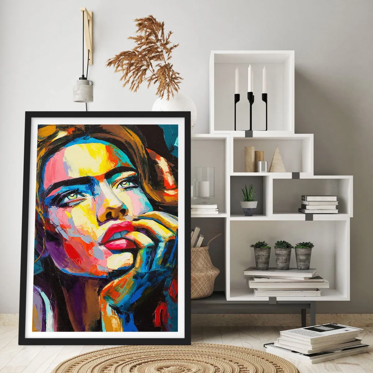 Plakat i sort ramme - Et slående, farverigt portræt af en kvinde i en udtryksfuld stil. - 50x70cm - Drømme som fugle svæver gennem himlen - Moderne vægdekoration til stue og soveværelse ARTTOR