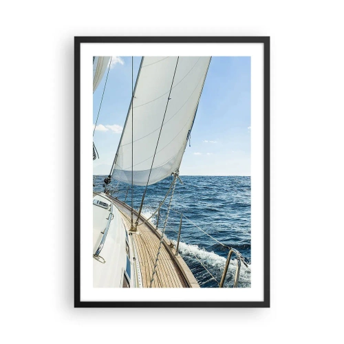 Plakat i sort ramme - En sejlbåd på åbent hav på en solskinsdag - 50x70cm - Ahoj , eventyr - Moderne vægdekoration til stue og soveværelse ARTTOR