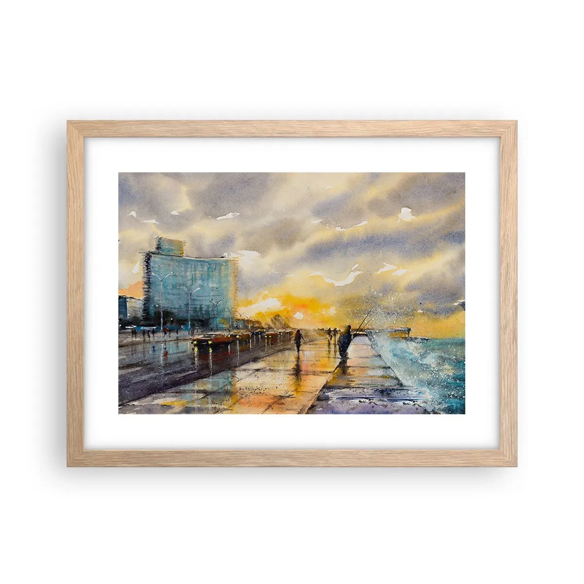 Plakat i ramme af lyst egetræ - Livet på kysten - 40x30 cm