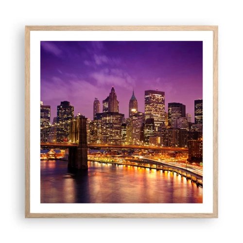 Plakat i ramme af lyst egetræ - Lilla og gylden Manhattan - 60x60 cm